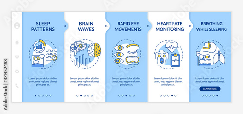 Medical screening onboarding vector template. Sleep pattern. Heart rate monitoring. REM dreaming phase. Responsive mobile website with icons. Webpage walkthrough step screens. RGB color concept