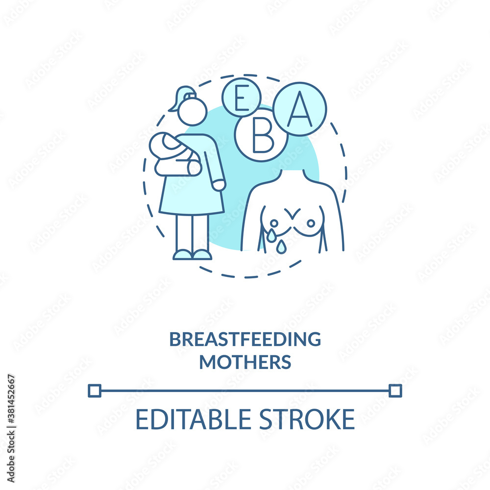 Breastfeeding mothers concept icon. People in supplements need idea thin line illustration. Breast milk levels affection. Postnatal vitamins. Vector isolated outline RGB color drawing. Editable stroke