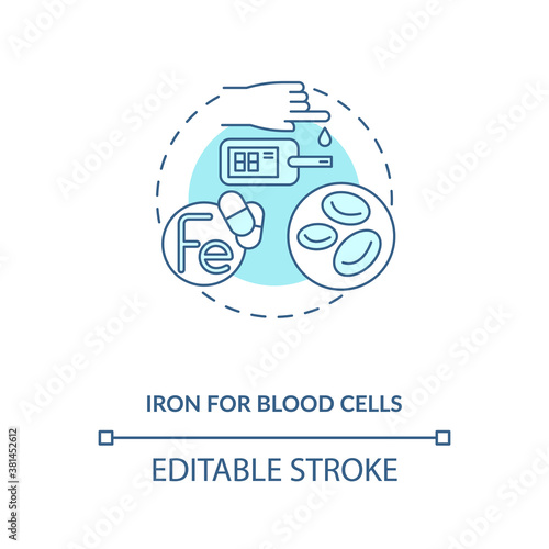 Iron for blood cells concept icon. Needed supplement idea thin line illustration. Oxygen transfer. Iron-deficiency anemia. Vector isolated outline RGB color drawing. Editable stroke