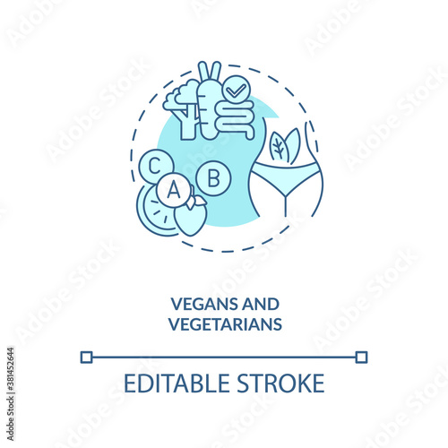 Vegans and vegetarians concept icon. People in supplements need idea thin line illustration. Daily recommended intake. B12-fortified foods. Vector isolated outline RGB color drawing. Editable stroke