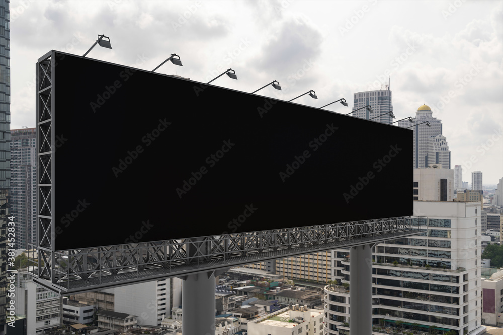 Blank black road billboard with Bangkok cityscape background at day time. Street advertising poster, mock up, 3D rendering. Side view. The concept of marketing communication to promote or sell idea. Blank black road billboard with Bangkok cityscape background at day time. Street advertising poster, mock up, 3D rendering. Side view. The concept of marketing communication to promote or sell idea.