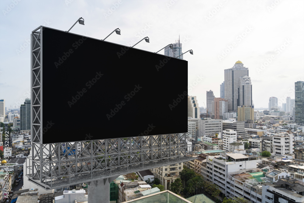 Blank black road billboard with Bangkok cityscape background at day time. Street advertising poster, mock up, 3D rendering. Side view. The concept of marketing communication to promote or sell idea. Blank black road billboard with Bangkok cityscape background at day time. Street advertising poster, mock up, 3D rendering. Side view. The concept of marketing communication to promote or sell idea.