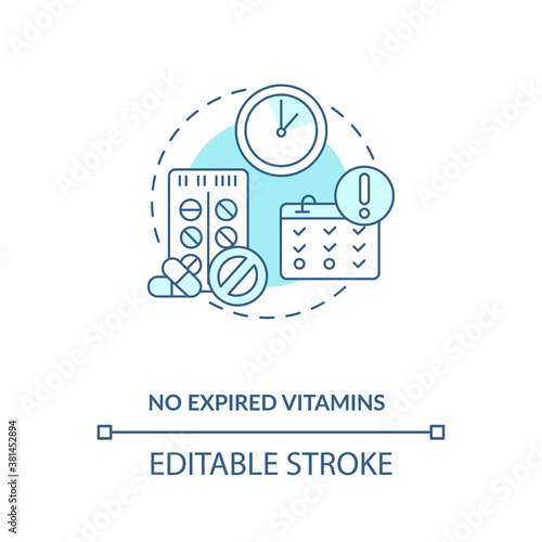 No expired vitamins concept icon. Adequate vitamins intake idea thin line illustration. Expiration dates. Prescription drugs. Ineffective. Vector isolated outline RGB color drawing. Editable stroke
