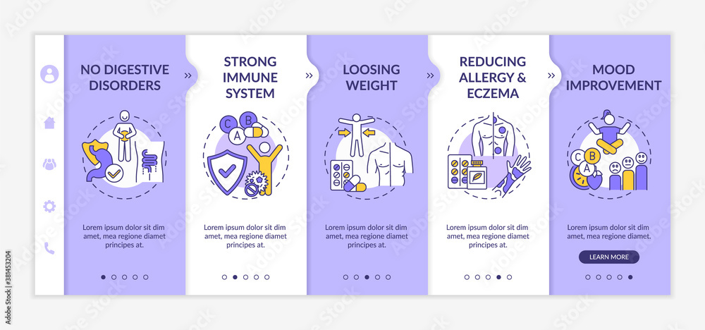 Probiotics usefulness onboarding vector template. No digestive disorders, reducing allergy and eczema. Responsive mobile website with icons. Webpage walkthrough step screens. RGB color concept Probiotics usefulness onboarding vector template. No digestive disorders, reducing allergy and eczema. Responsive mobile website with icons. Webpage walkthrough step screens. RGB color concept