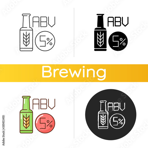 Alcohol by volume icon. Alcoholic beverage. Beer in bottle. Lager and ale. Draught stout from bar. ABV measure in percentage. Linear black and RGB color styles. Isolated vector illustrations