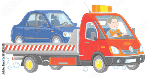 Funny driver in a breakdown truck carrying a broken car to a service center, vector cartoon illustration on a white background