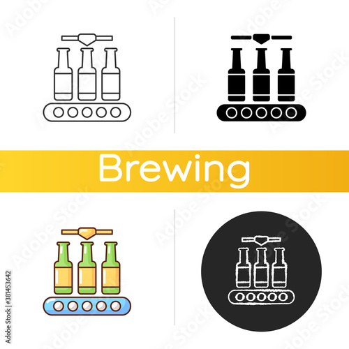 Bottling icon. Industrial alcohol production. Packing beverage on conveyor belt. Automated process of packaging beer. Linear black and RGB color styles. Isolated vector illustrations