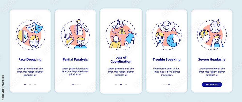 Brain stroke onboarding mobile app page screen with concepts. Neurology problem. Brain health care walkthrough 5 steps graphic instructions. UI vector template with RGB color illustrations