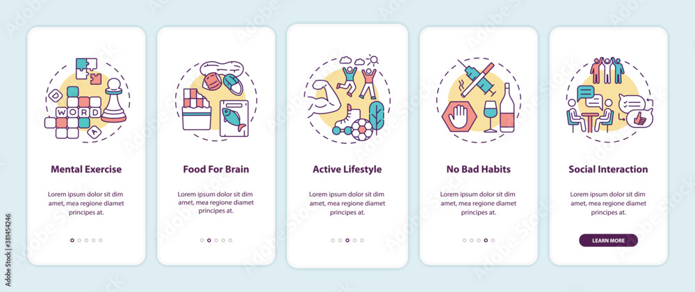Brain health care onboarding mobile app page screen with concepts. Active lifestyle. Healthy living walkthrough 5 steps graphic instructions. UI vector template with RGB color illustrations