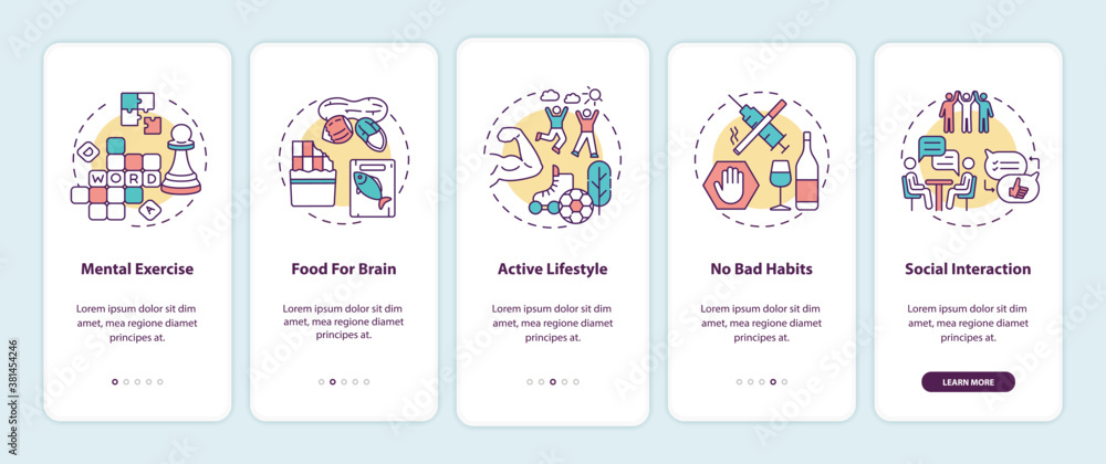Brain health care onboarding mobile app page screen with concepts. Active lifestyle. Healthy living walkthrough 5 steps graphic instructions. UI vector template with RGB color illustrations Brain health care onboarding mobile app page screen with concepts. Active lifestyle. Healthy living walkthrough 5 steps graphic instructions. UI vector template with RGB color illustrations