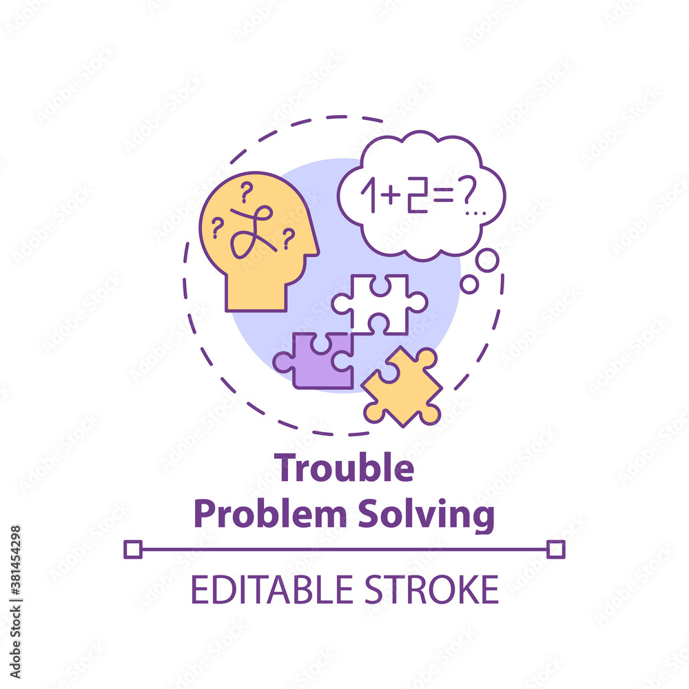 Trouble problem solving concept icon. Difficulty with thinking. Dementia symptom. Brain health idea thin line illustration. Vector isolated outline RGB color drawing. Editable stroke Trouble problem solving concept icon. Difficulty with thinking. Dementia symptom. Brain health idea thin line illustration. Vector isolated outline RGB color drawing. Editable stroke