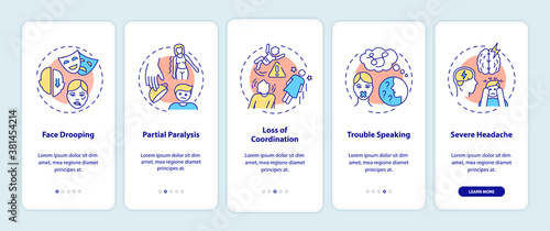 Brain stroke onboarding mobile app page screen with concepts. Neurology problem. Brain health care walkthrough 5 steps graphic instructions. UI vector template with RGB color illustrations