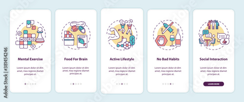 Brain health care onboarding mobile app page screen with concepts. Active lifestyle. Healthy living walkthrough 5 steps graphic instructions. UI vector template with RGB color illustrations © bsd studio