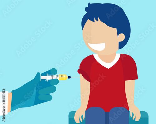 Vector of a doctor with syringe injecting vaccine to a little boy shoulder