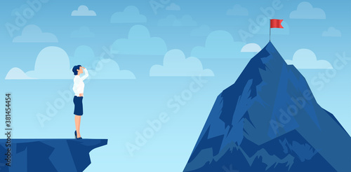 Vector of a businesswoman looking at her goal, mountain with red flag on the top