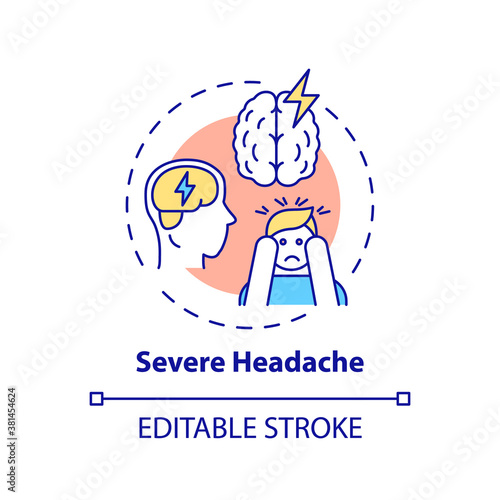 Severe headache concept icon. Migraine pain. Suffer from tension in head. Hurt from stress. Brain health idea thin line illustration. Vector isolated outline RGB color drawing. Editable stroke