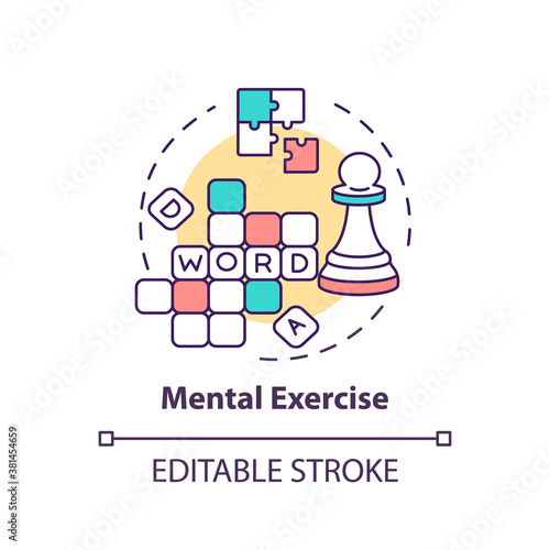 Mental exercise concept icon. Puzzle to stimulate thinking. Word riddle to solve. Brain health idea thin line illustration. Vector isolated outline RGB color drawing. Editable stroke