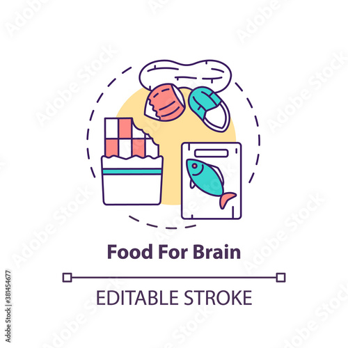 Food for brain concept icon. Dark chocolate. Oily fish. Healthy eating. Nutritious nuts. Brain health idea thin line illustration. Vector isolated outline RGB color drawing. Editable stroke
