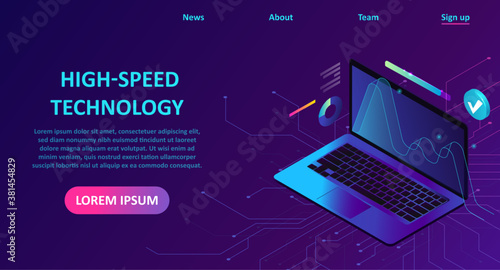 Vector landing page of a laptop with wireless fast internet.
