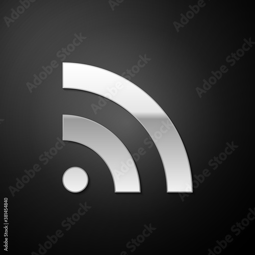 Silver RSS icon isolated on black background. Radio signal. RSS feed symbol. Long shadow style. Vector.