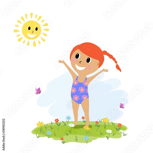 Happy little girl on the beach, flat design.Vector illustration.