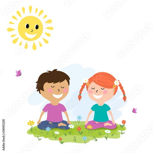 Illustration of a cute little girl and doy doing yoga outdoors,cartoon design