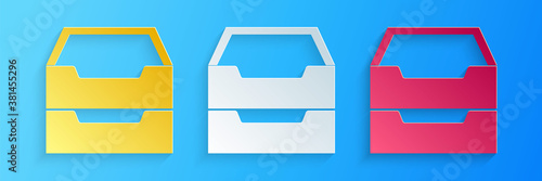 Paper cut Drawer with documents icon isolated on blue background. Archive papers drawer. File Cabinet Drawer. Office furniture. Paper art style. Vector.