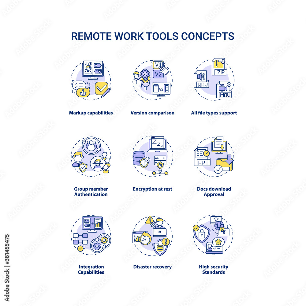 Remote work tools concept icons set. Online management idea thin line RGB color illustrations. Markup capabilities. Encryption at rest. Vector isolated outline drawings. Editable stroke