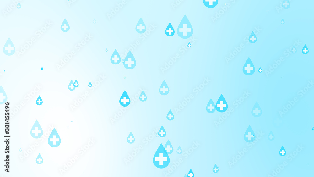Medical health cross white on blue sanitizer drop pattern background.