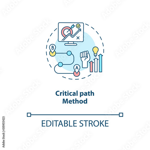 Critical path method concept icon. Software structure idea thin line illustration. Critical path analysis. Project activities scheduling. Vector isolated outline RGB color drawing. Editable stroke