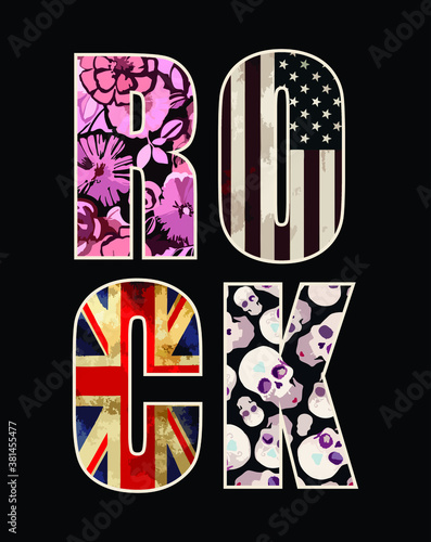 Vector illustration of the word Rock with letters with backgrounds with motifs of flags, floral and skulls.