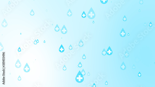 Medical health cross white on blue sanitizer drop pattern background.