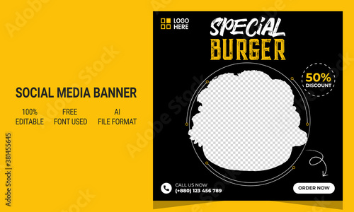 Modern abstract creative special american delicious burger restaurant promotional social media banner post template design layout with graphic elements. Instagram post banner. Vector template.