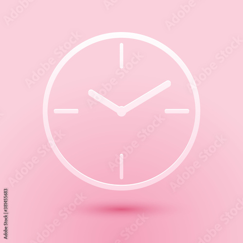 Paper cut Clock icon isolated on pink background. Time symbol. Paper art style. Vector.