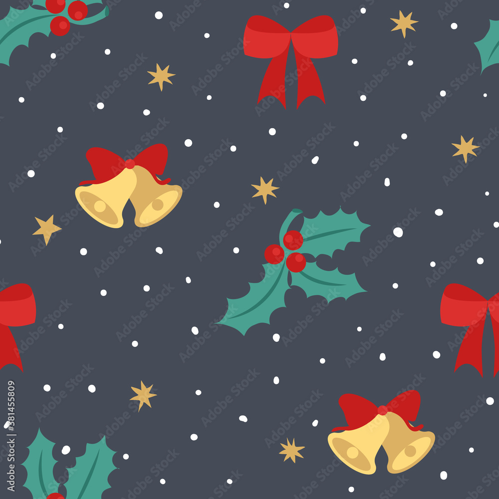 Fototapeta premium Christmas seamless pattern with bows, mistletoe, stars, dots and bells. Vector background.