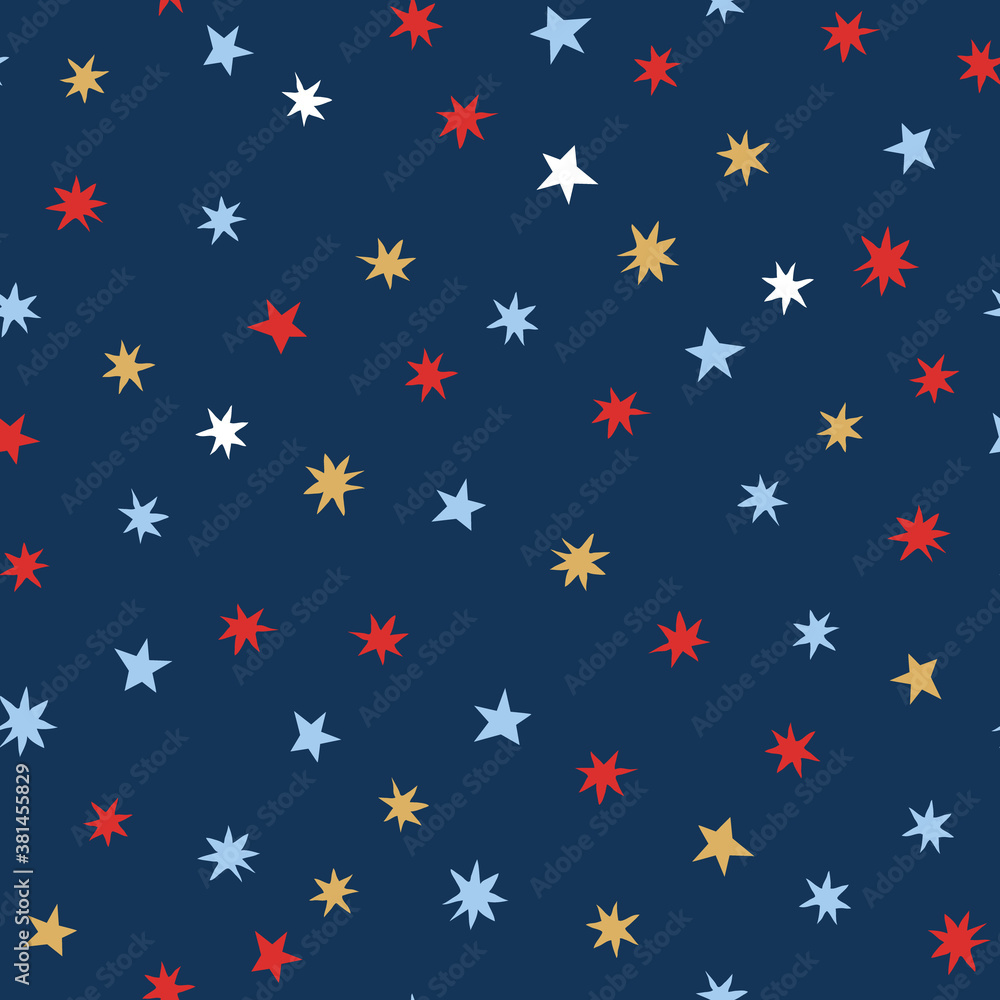 Seamless pattern with colorful stars on a dark blue background. Cute illustration for textile, kids nursery, wrapping paper, christmas and birthday party.