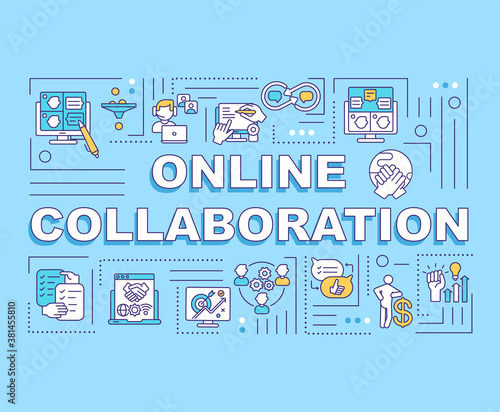 Online collaboration word concepts banner. Virtual connection and communication. Infographics with linear icons on purple background. Isolated typography. Vector outline RGB color illustration