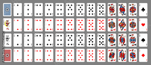 Poker set with isolated cards on grey background. Poker playing cards, full deck. New design of playing cards.
