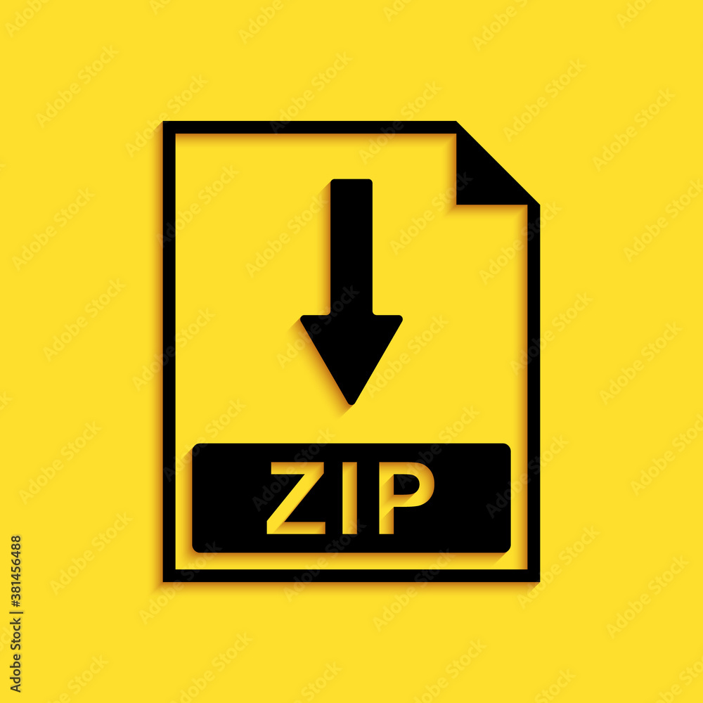 Black ZIP file document icon. Download ZIP button icon isolated on yellow background. Long shadow style. Vector. Black ZIP file document icon. Download ZIP button icon isolated on yellow background. Long shadow style. Vector.