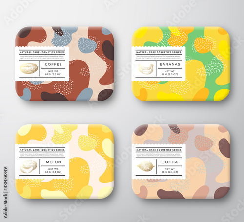 Bath Care Cosmetics Boxes Set. Vector Wrapped Containers Label Cover Collection. Packaging with Hand Drawn Coffee, Cocoa Beans, Melon and Bananas. Abstract Camo Background Pattern Layout.