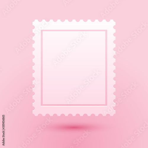 Paper cut Postal stamp icon isolated on pink background. Paper art style. Vector.