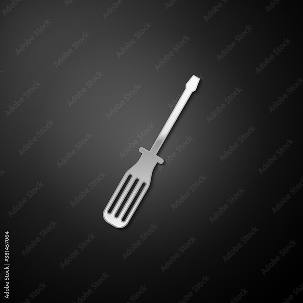 Fototapeta premium Silver Screwdriver icon isolated on black background. Long shadow style. Vector.