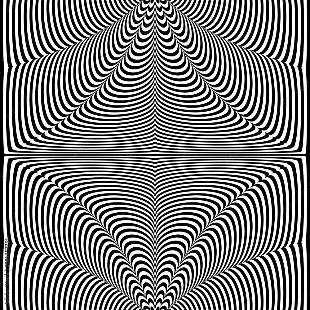 Abstract black and white striped background. Geometric pattern with visual distortion effect. Optical illusion. Op art. Abstract black and white striped background. Geometric pattern with visual distortion effect. Optical illusion. Op art.