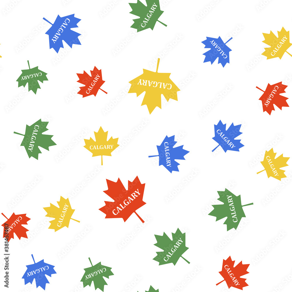 Color Canadian maple leaf with city name Calgary icon isolated seamless pattern on white background. Vector. Color Canadian maple leaf with city name Calgary icon isolated seamless pattern on white background. Vector.