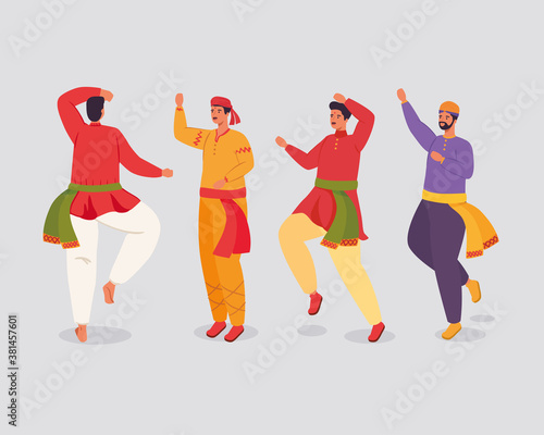 group of men indian with clothes traditional dancing vector illustration design