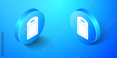 Isometric Cutting board icon isolated on blue background. Chopping Board symbol. Blue circle button. Vector.