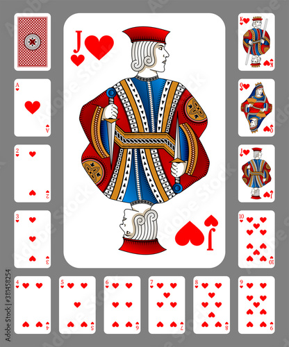 Playing cards of Hearts on a green background. Original design. New design of playing cards.