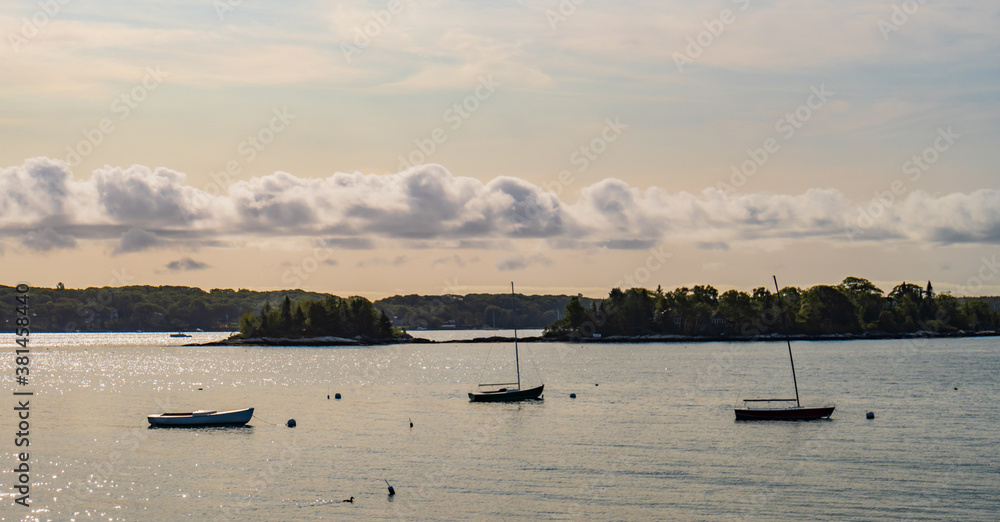 boats moored in the evening on Linekin Bay, Maine

