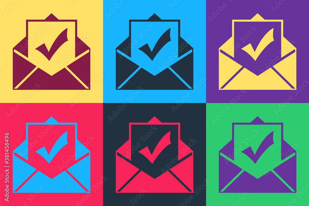 Pop art Envelope with document and check mark icon isolated on color background. Successful email delivery confirmation, successful verification concept. Vector. Pop art Envelope with document and check mark icon isolated on color background. Successful email delivery confirmation, successful verification concept. Vector.