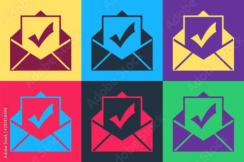Pop art Envelope with document and check mark icon isolated on color background. Successful email delivery confirmation, successful verification concept. Vector.